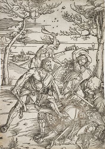 Albrecht Durer (German, 1471-1528) Wood Cut Print,  Late 16th C., Hercules Conquering The Molionide Twins, H 13.75'' W 9.5''