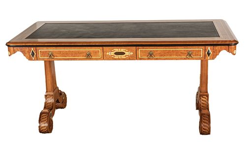 John Widdicomb (American) Burled Elm And Maple Black Leather Top Library Table H 29.25'' W 64'' Depth 32''
