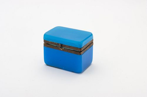 Murano (Italian) Mid-Century Modern, Blue Opaline Glass And Brass Box C. 1970, H 4.25'' W 3.5'' L 5.5''