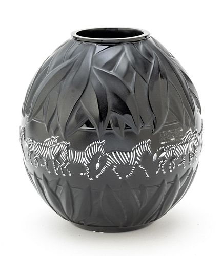 Lalique (French) Black Glass Tanzania, H 8'' Dia. 8''