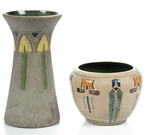 Roseville Pottery  'Mostique' Ceramic Vases, C. 1915, H 12'' Dia. 6.5'' 2 pcs