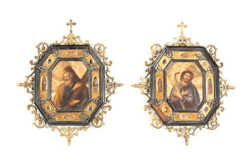 Spanish Oil On Marble Backed With Wood Panel, 17th Century, Saint Andrew & Saint Isadore, H 4.25'' W 3.25'' 2 pcs