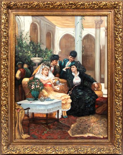 B. Simon (20th C.)  Oil On Canvas, Afternoon Tea In A Spanish Courtyard,, H 47'' W 35''