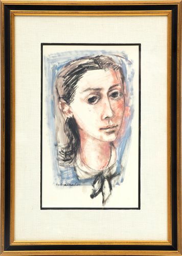 Evelyn Brackett Raskin (American, 1922) Mixed Media On Paper, Self Portrait, H 13.5'' W 8''