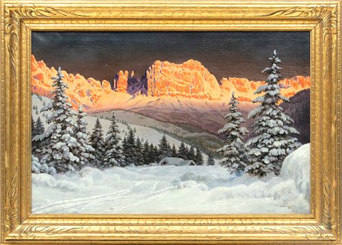 Alois Arnegger (Austrian, 1879-1963) Oil On Canvas, "Winter In The Dolomites", H 24'' W 36''