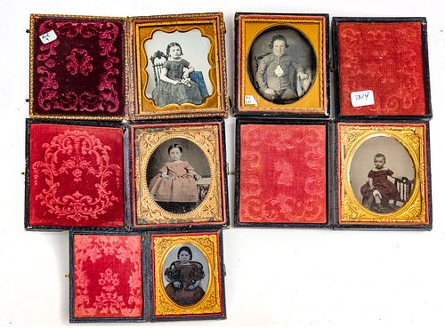 Sixth Plate Daguerreotype Grouping C. 19th Century, Tinted Portraits Of Children, H 3.25'' W 2.75'' 5 pcs