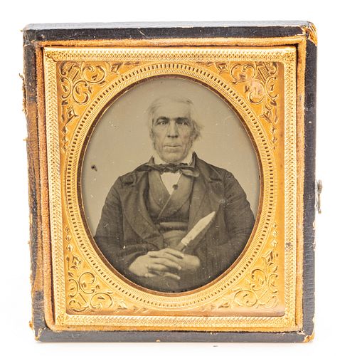 Sixth Plate Daguerreotype  19th Century, Seated Man With Knife, H 3.25'' W 2.75''
