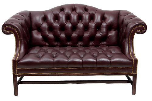 Chippendale Style Tufted Leather Settee H 37'' W 62'' Depth 34''