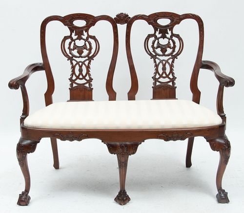 Chippendale Style Carved Mahogany Double Chairback Settee H 40'' W 46'' Depth 25''