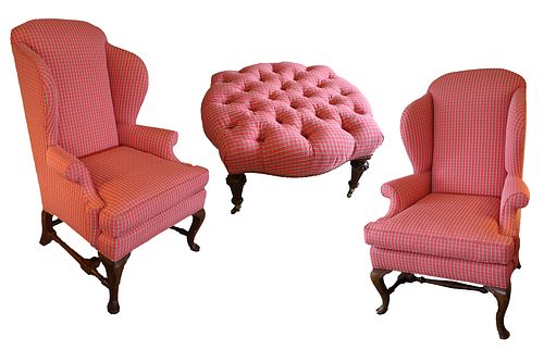 Pair Of Upholstered Wing Back Chairs And Ottoman H 46'' W 31'' Depth 34'' 3 pcs