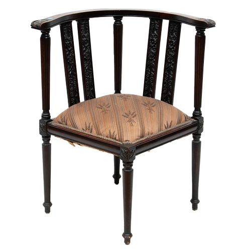 Carved Mahogany Corner Chair C. 1910, H 30.5'' W 26.5'' Depth 24''