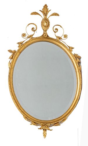 Federal Style Gilt Carved Wood Beveled Oval Mirror, H 46'' W 25''