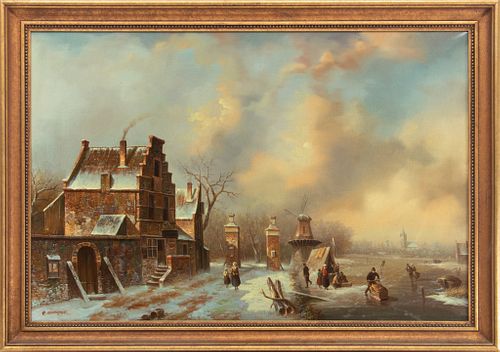 G. Schroter  Oil On Canvas, Winter Village Scene, H 24'' W 36''