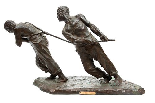 Victor Joseph Ghislain Demanet (Belgian, 1895-1964) Bronze Sculpture, "Les Haleurs", H 20'' W 11'' L 35''