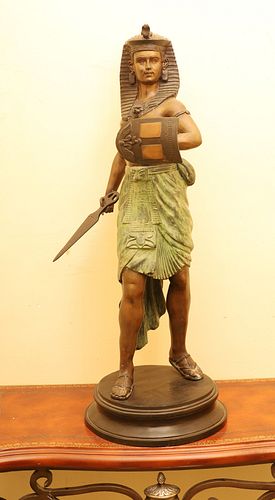 Polychromed Bronze Sculpture, "Egyptian Warrior", H 32'' Depth 12''