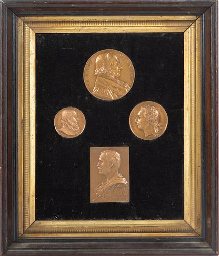 Framed Bronze Medallions, Four French Scientists, H 13'' W 11'' 4 pcs