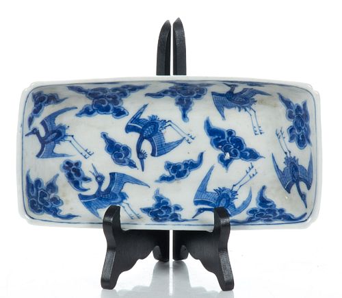 Chinese Blue & White Porcelain Brush Tray, Cranes And Clouds, W 4.5'' L 8.75''