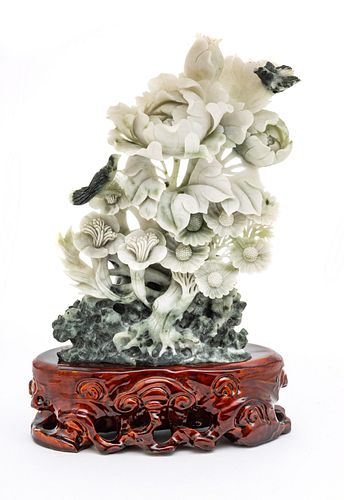 Chinese Hardstone Sculpture, Avian & Botanical Motif, H 8.5'' W 6''