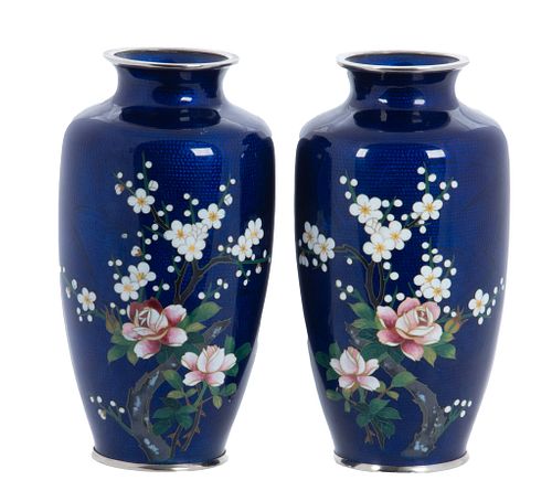 Japanese Sato Cloisonne Vases, C. 1930, H 8'' Dia. 4'' 1 Pair