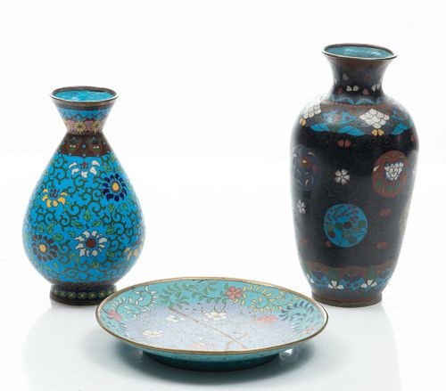 Japanese Cloisonne Vases & Bowl, C. 1900, H 7.5'' Dia. 3.5'' 3 pcs