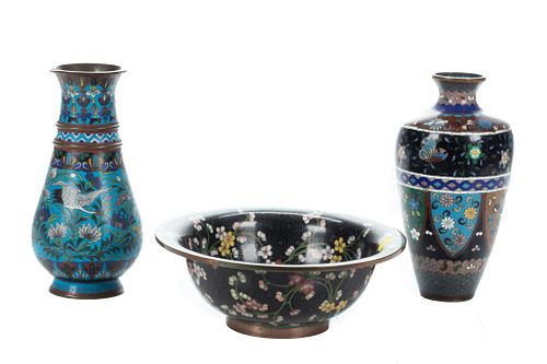 Japanese Meiji Period Cloisonne Vases & Bowl, C. 1900, H 8.5'' Dia. 4.25'' 3 pcs