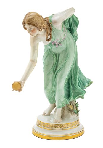 Meissen (German) Porcelain Figurine, Woman With Golden Ball, H 14'' L 10''