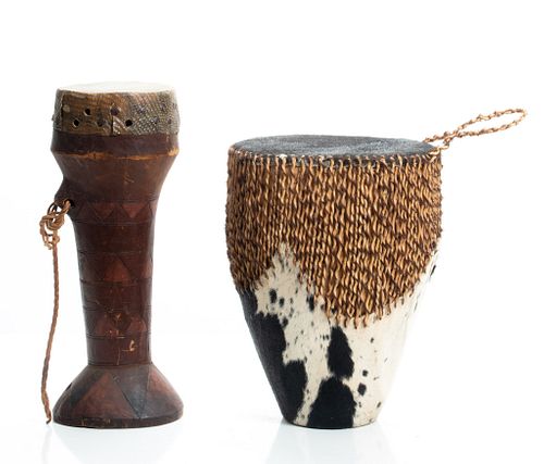 African Congo Wood And Hide Drums, 2 pcs
