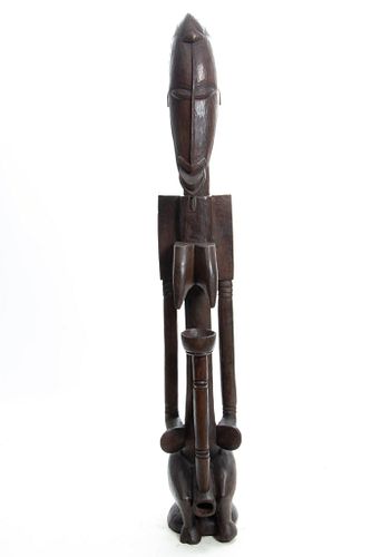 Senufo Republic Of Congo Carved Wood Sculpture, Seated Nude Female, H 61.5'' W 10''