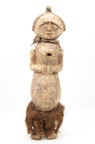 African Nigeria Polychrome Carved Wood Figure With Raffia, H 24” W 6.5” D 7”