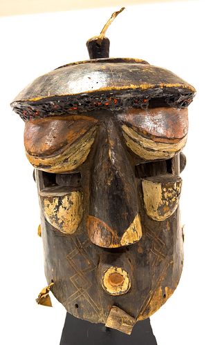 African  Polychrome Carved Wood Mask, H 17", W 11", D 10"