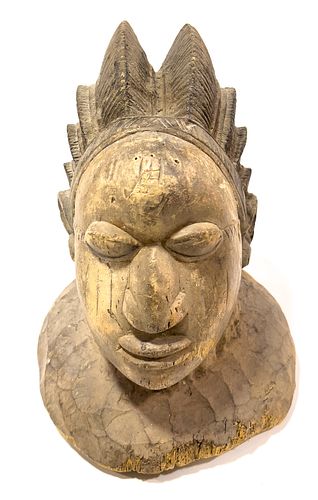 African Polychrome Carved Wood Headdress, H 13", W 10", D 12"