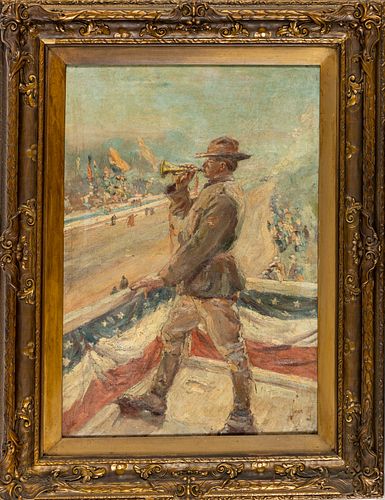 Charles Nicolas Sarka (American, 1879-1960) Oil On Canvas Early 20th C., H 30'' W 20'' American Military Bugler In The Band Stands