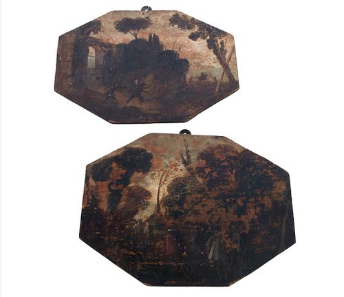 Italian Oils On Octagonal Beveled Wood Panels  17th/18th C, H 7.75'' W 10.25'' 1 Pair