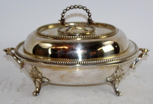 Silver plate oval lidded casserole dish with handles