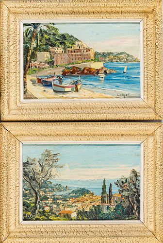 Louis Vigon, France 1895-85,  Oil Paintings, Riviera Coast, Nice Harbor, Pair H 8'' W 12''