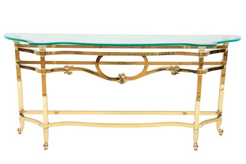 Brass And Glass Console Table, H 31.25'' L 68'' Depth 15.75''