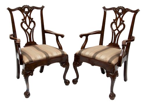 Chippendale Style Carved Mahogany Open Arm Chairs 2 pcs