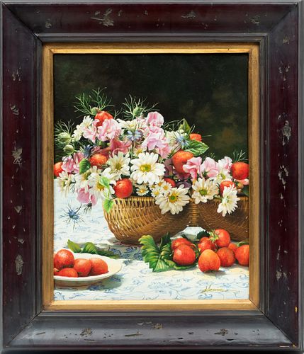 Oil On Panel,  20th C., Still Life With Flowers And Strawberries, H 19.75'' W 15.75''