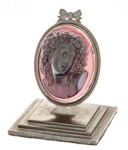 Carved Amethyst Glass Cameo, C. 1890, H 2.5'' W 2''