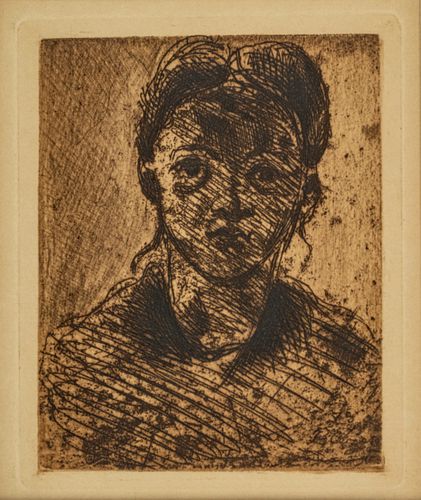 Paul Cezanne (French, 1839-1906) Etching With Roulette Work In Brown On Paper, 1873/Later Imp., Tete De Jeune Fille, H 5.25'' W 4.25''