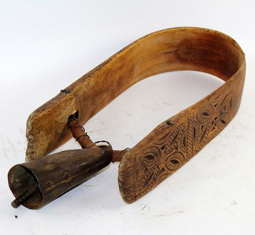 Tibetan carved wooden cattle collar with bell