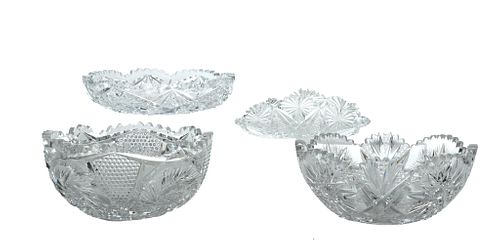 American Brilliant Period Cut Crystal Bowls & Dishes, C. 1900, H 4'' Dia. 8'' 4 pcs