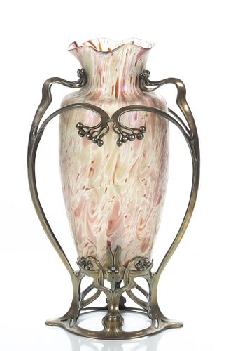 Kralik  Bohemian Art Glass Vase With Patinated Metal Art Nouveau Mountings,  Early 20th C., H 14.5'' W 8.5''