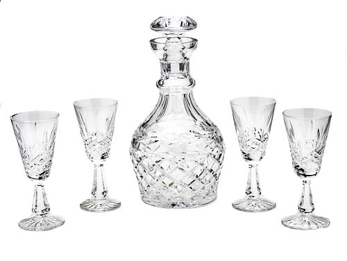 Waterford Irish Crystal Wine Decanter  And Sherry (4) Glasses H 9'' 5 pcs