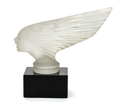 After "Victoire" Lalique Frosted Glass Car Mascot Form Sculpture, H 6.5'' L 9.5''