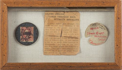 Framed U.S. 1879 Silver Dollar With Newspaper Clipping, H 4.5'' W 7.75''