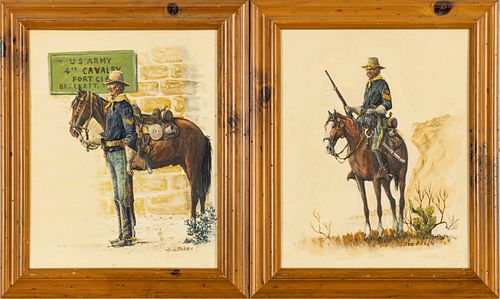 Bud Breen (American, 1927-2005) Oil On Board, Soldiers With Horses, H 19'' W 16'' 2 pcs