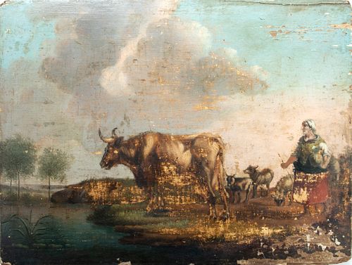 Dutch Oil On Beveled Wood Panel  Mid 18th C., Farmer Tending Cows, H 8.75'' W 11.75''