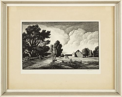 Thomas Willoughby Nason (American, 1889-1971) Wood Engraving On Wove Paper,  1955, Little Farm, H 5.5'' W 9.5''