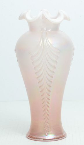 Iridescent Case Glass Vase With Ruffle Rim And Feather Decor, H 11.5"
